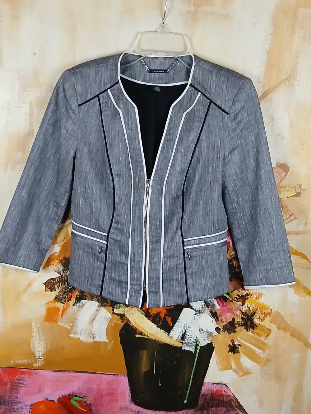 White House Black Market Gray Linen Blend Zip Blazer - Size 0
